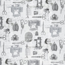 Fabric Lover - Vintage Scissors and Sewing On Text Grey Yardage Primary Image